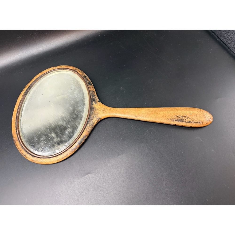 Vintage Hand Held Wooden Oval Beveled Rustic Primitive Vanity Mirror